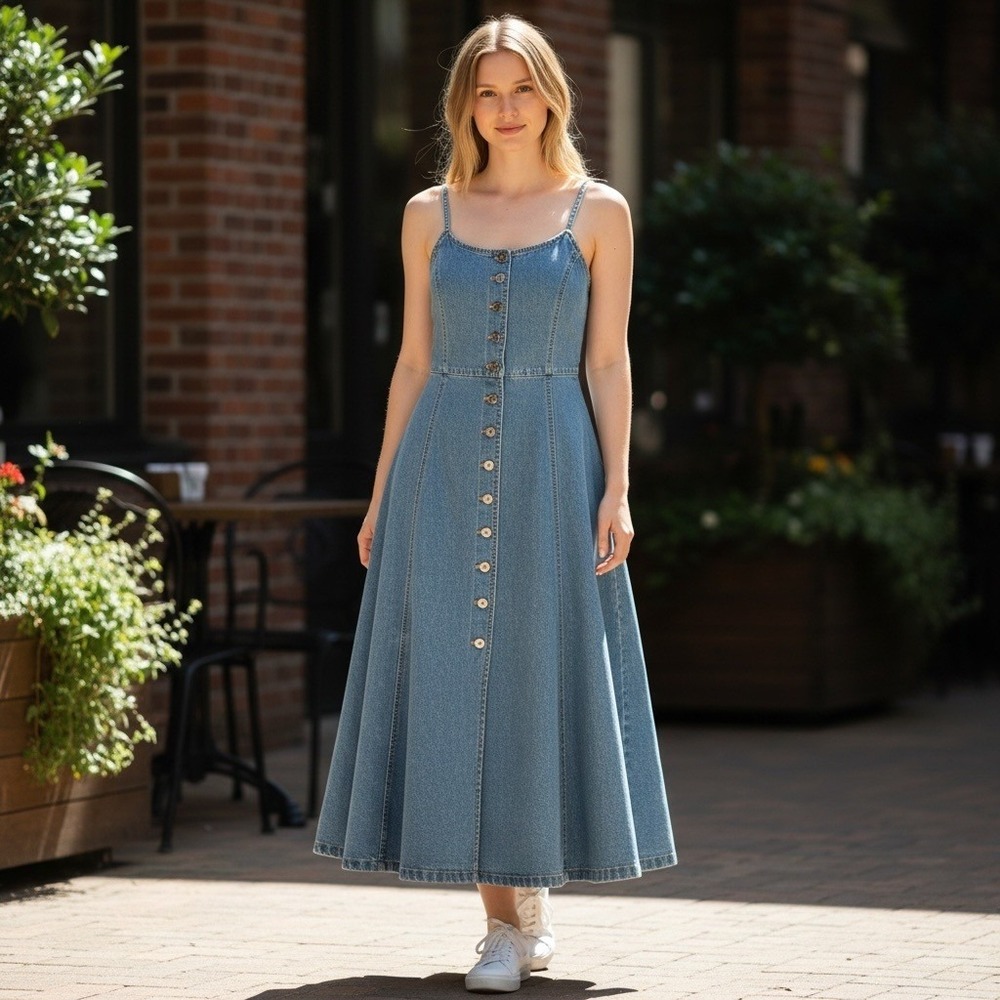 Vintage 90s Denim Dress 15/16 Blue Corset Lace Up Midi Prairie Indie Grunge Y2K